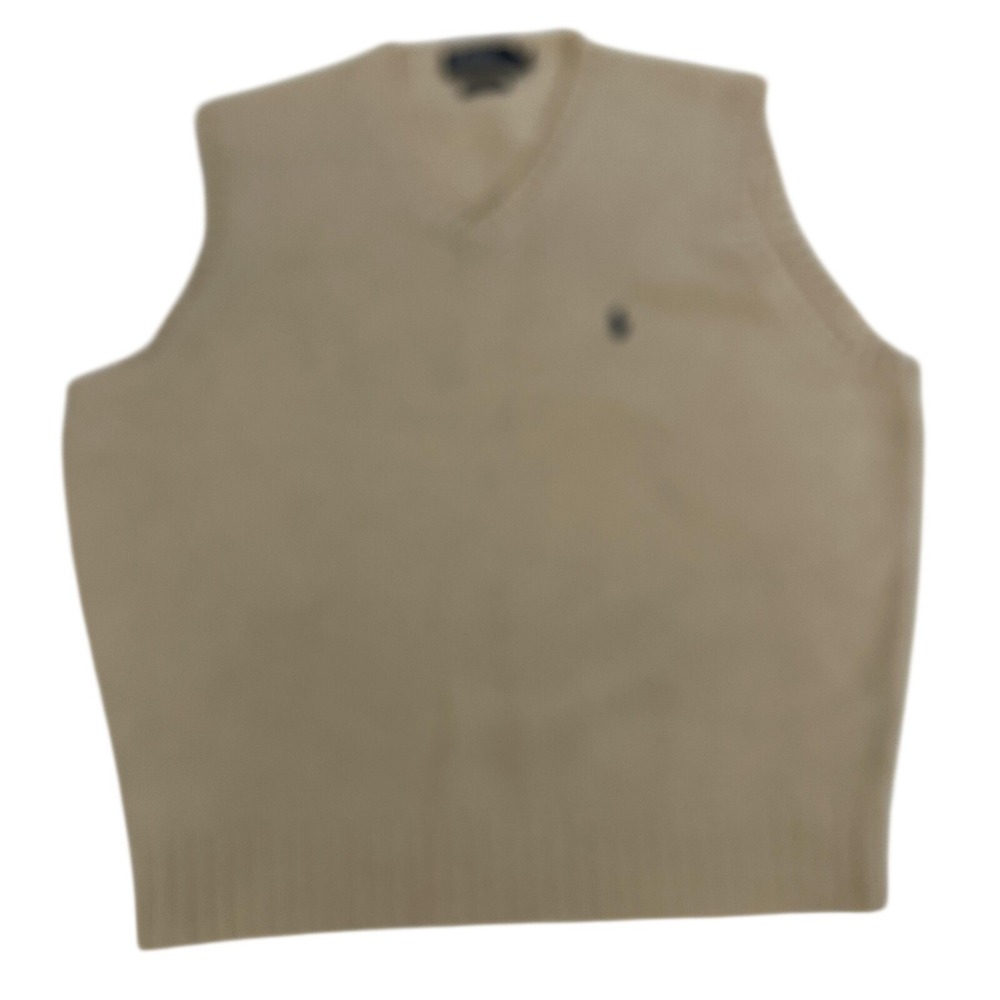 Polo Ralph Lauren Sweater Vest Mens Large Beige‎ Lambswool V Neck Knit Pullover